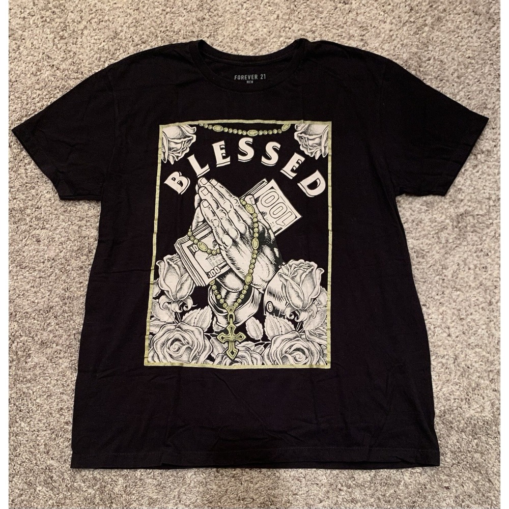 Men's Large Black Short Sleeve Shirt Blessed Logo Casual T-shirt‎ Forever 21